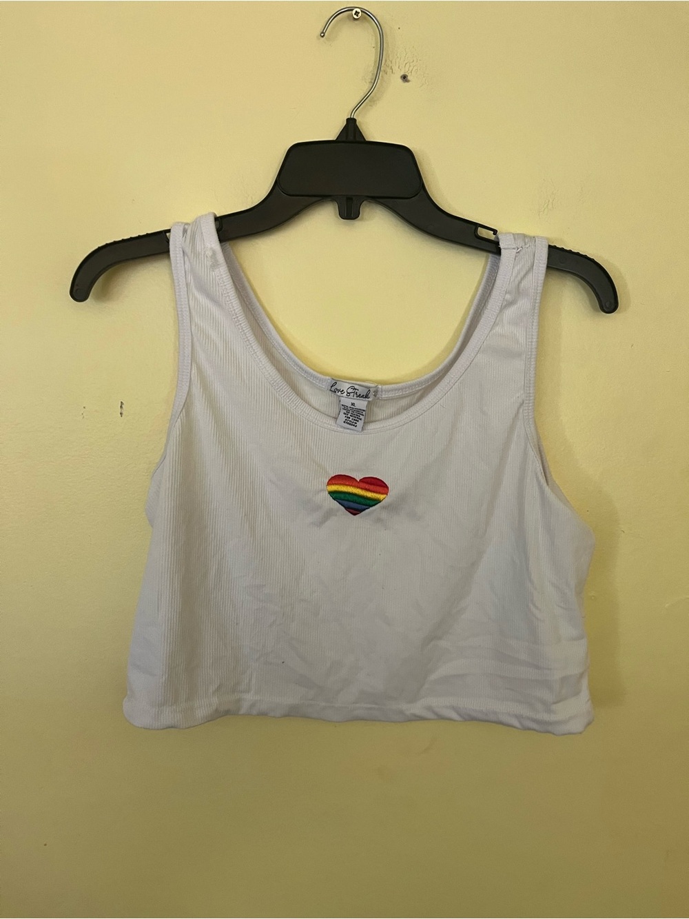 Love Streak White Ribbed Crop Tank with Rainbow Heart Patch Size XL